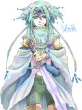 容姿は青に近い緑色の髪と銀色の瞳で、水属性の皇帝で、武器は剣と弓