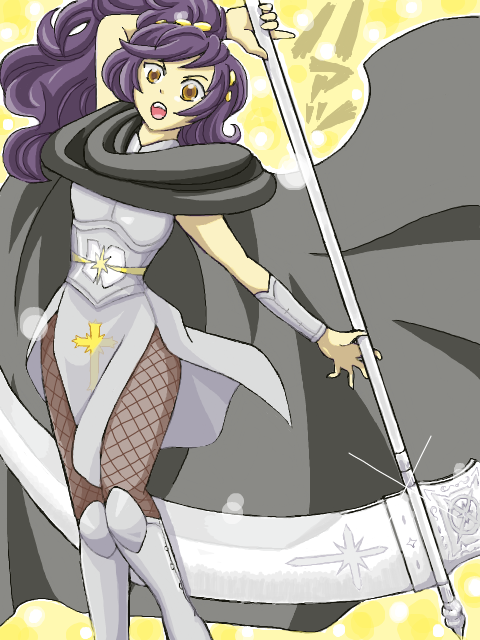 ユウヒ＊容姿は紫色の髪とオレンジ色の瞳で、光属性の狩人で、武器は大鎌