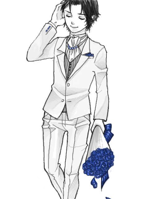 白スーツと青バラ