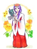 藤色の髪と青紫色の瞳の姉系三つ編みキャラ(巫女)