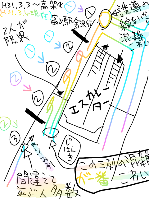 富山駅金沢行き　恐怖の極狭２号車列出現　誘導の線も無いから色も数字も判別しない金魚の糞列混雑こわい